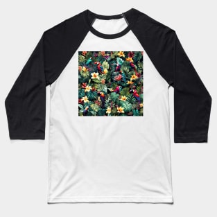 graphic design pattern tropical nature parrots monstera palms botanical palm leaves bird of paradise wildlife forest garden jungle Baseball T-Shirt